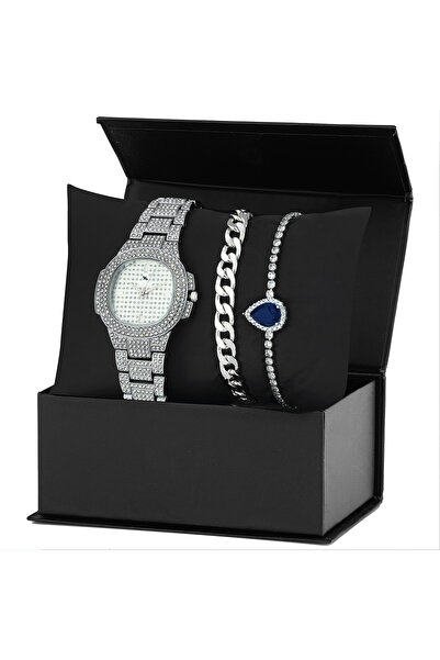 Forentina Taşlı Gri Metal Kol Saati 2li Bileklik Kombin Set PS3847