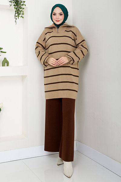 ModaMerve Set de tricotaje cu jumătate de fermoar 5002KLN1035-M Latte&Brown