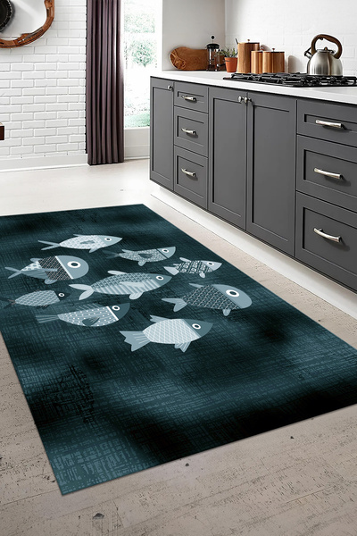 Viyana Home Dijital Baskılı Kaymaz Taban Yıkanabilir Balık Figürlü Mutfak Halısı