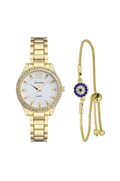 Forentina Taşlı Gold Metal Kol Saati-Nazar Boncuklu Bileklik Kombin Set PS3835