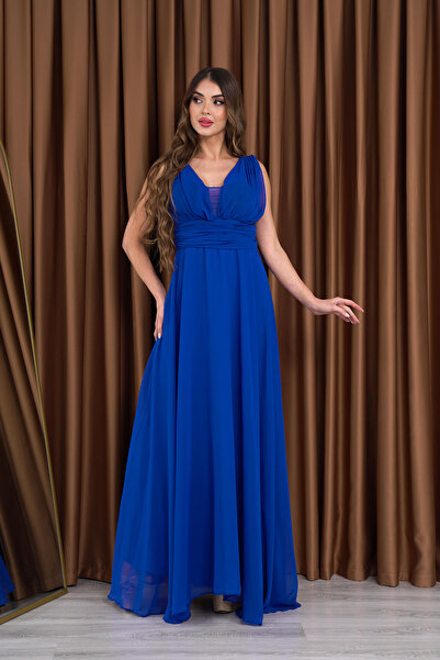 Neşeli Butik Жіноча сукня з V-подібним вирізом та шифоновим палантином NB2027