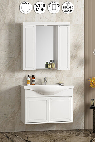 ÖZCEDEN Lilyum 80 cm Beyaz MDF Pk-109 Balon Kapak Seramik Lavabolu Asma Banyo...