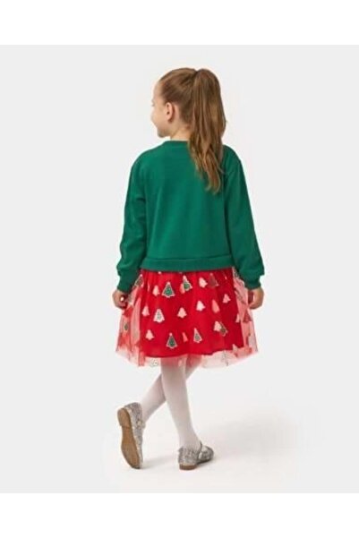 Name Baby Kız Çocuk Tütülü Yılbaşı Ağacı Desenli Elbise