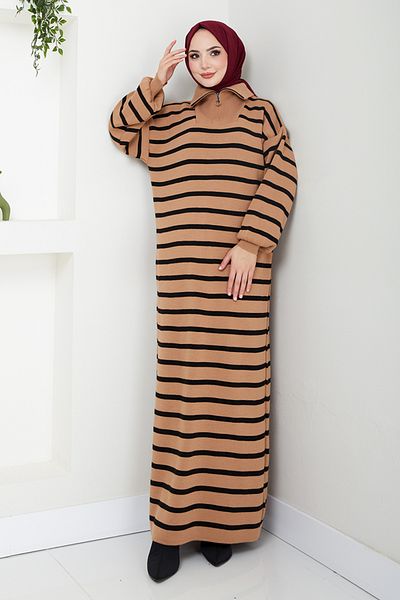 ModaMerve Rochie din tricotaje cu dungi Latte - 6025KL1035-M