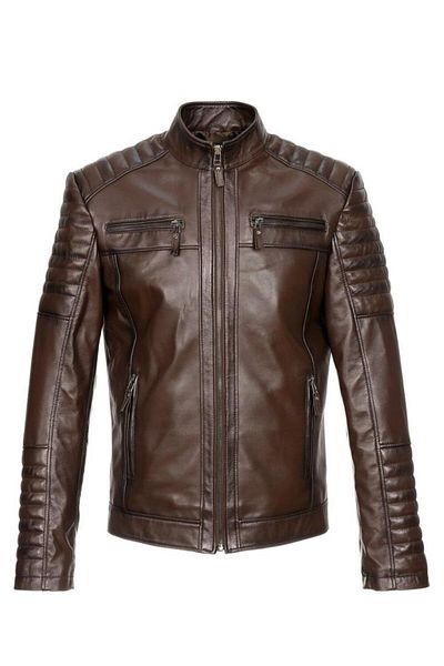 Sanalbolluk Embroidered Sports Leather Coat with Four Pockets Hazelnut Color