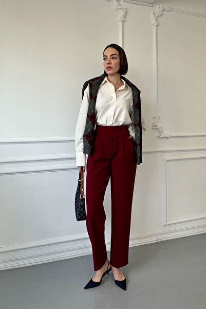 MAGARDE Burgundy Italian Waist Design Fabric Trousers