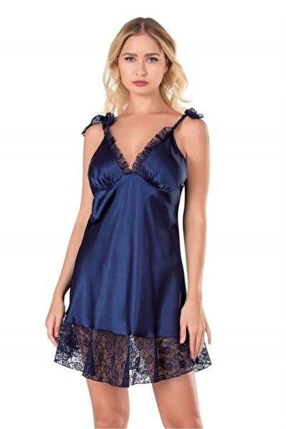 Marsilyan Ieg Navy Blue Short Satin Nightgown 8121 Ilkel-Mdgym457