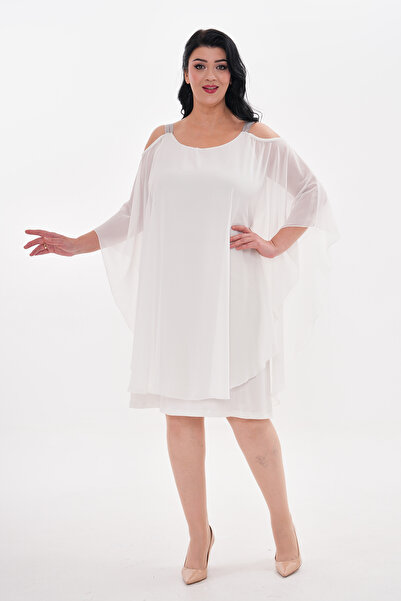 IŞILTI Plus Size Chiffon Cape Detail Shoulder Rhinestone Midi Evening Dress 3118