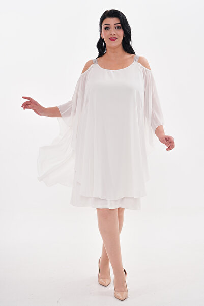 IŞILTI Βραδινό φόρεμα μεγάλου μεγέθους από σιφόν με λεπτομέρεια από πέτρες στους ώμους 3118