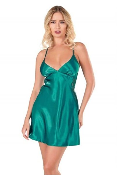 Marsilyan Ieg Lace Embroidered Thin Strap Emerald Short Satin Nightgown Ilkel...