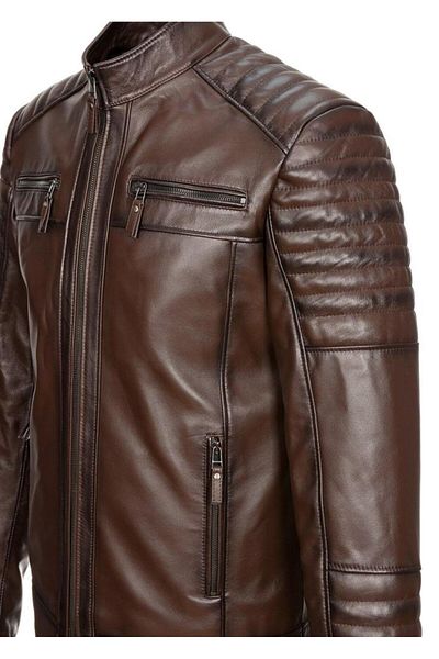 Sanalbolluk Embroidered Sports Leather Coat with Four Pockets Hazelnut Color