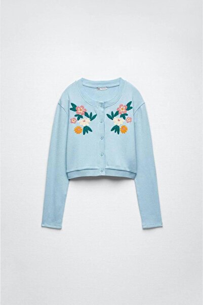 Moda Banuş Bebe Mavisi Çiçek Nakış Detaylı Hırka