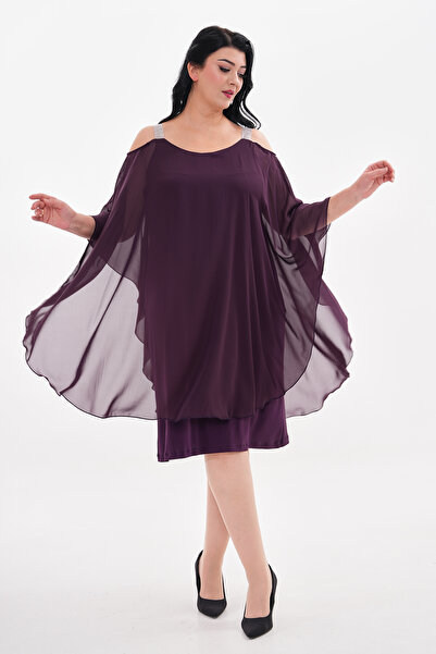 IŞILTI Rochie de seara midi din sifon marime mari, cu detaliu de pelerina, cu...