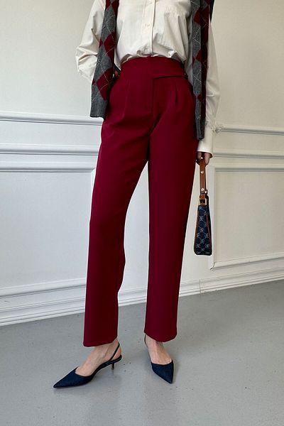 MAGARDE Burgundy Italian Waist Design Fabric Trousers