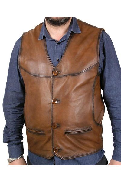 Sanalbolluk Black Stripe Drawn Leather Vest on Tan