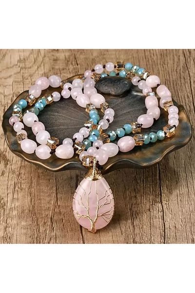 Store Water Drop Pink Quartz Natural Stone Necklace