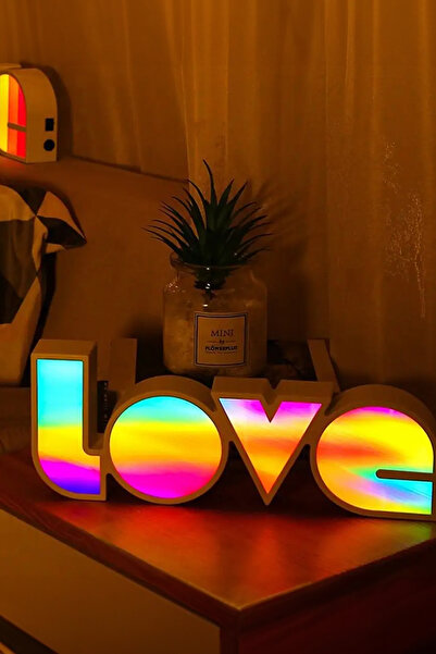 ThenTech Masa Üstü Gece Lambası LOVE Yazılı Dekoratif Gökkuşağı Desenli Led I...
