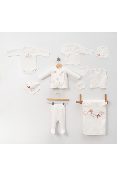 NEU KIDS Kutulu-Kelebek Yenidoğan Kıyafetleri 10'lu Hastane Çıkış Setleri Süzene Nakışlı %100 Pamuk Zıbın Set