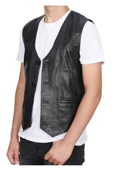 Sanalbolluk Sports Cut Black Leather Vest with Belt on the Back