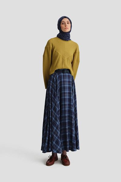Armine Leather Belted Plaid Skirt 24K1713 Navy Blue