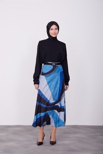 Armine 23K1419 Model Lightweight Indigo Patterned Flared Skirt