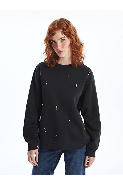 LC Waikiki Γυναικείο φούτερ LCW Vision Black Crew Neck Shiny Stone με τύπωμα