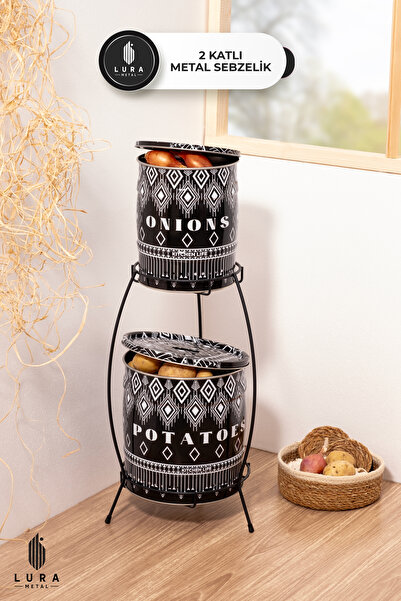 Skygo Men02 2 Katlı Siyah Metal Patates ve Soğan Sepeti - 18x66 cm Sebzelik D...