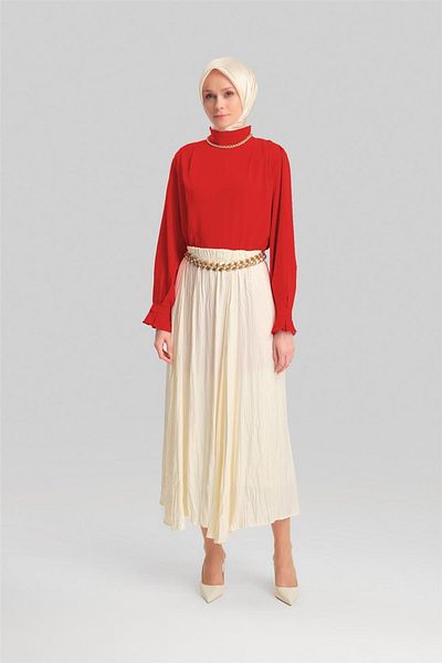 Armine Ecru Colored Crease Look Pleated Skirt - 24Yd5601