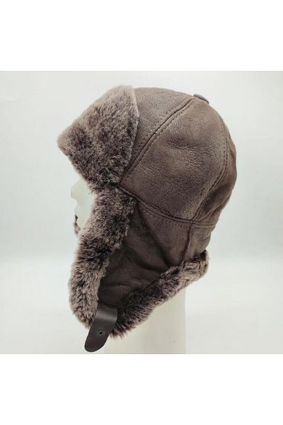 Sanalbolluk Pilot Model Fur Lined Leather Hat Dark Brown Color