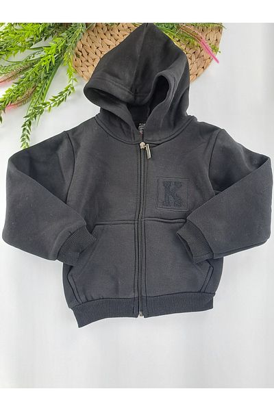 Butik Hanorac negru cu glugă cu fermoar și fleece în interior pentru băieți și fete