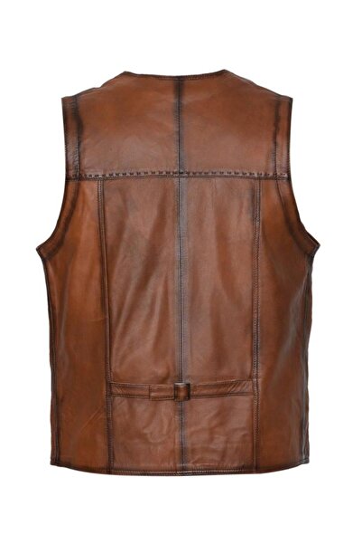 Sanalbolluk Tan Color Punto Stitching Detailed Sports Leather Vest