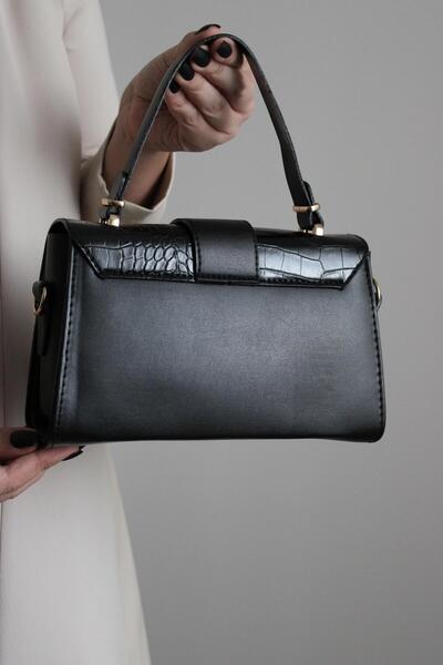 mossi Black Crocodile Leather Detailed Covered Hand and Shoulder Bag with Adjustable Strap