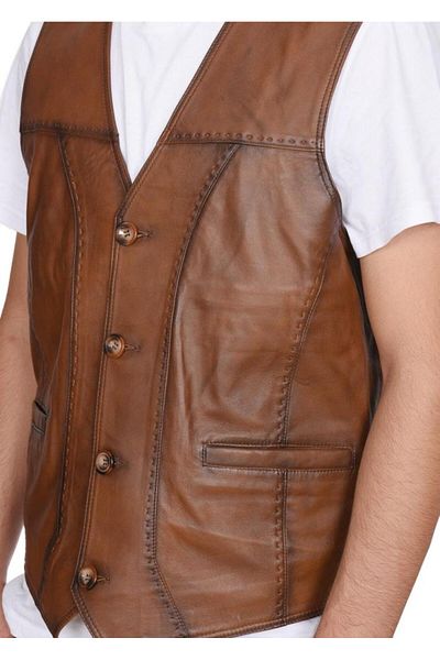 Sanalbolluk Punto Stitched Tan Color Sports Leather Vest