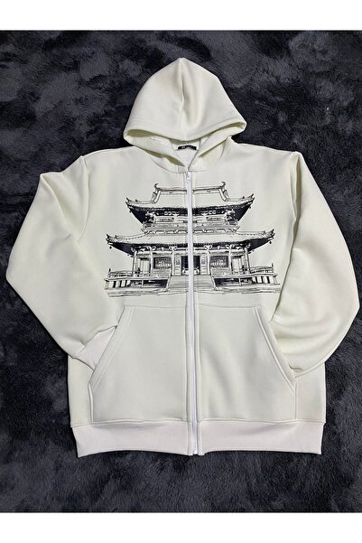 Kapşonlu fermuarlı oversize beyaz sweatshirt hoodie hırka