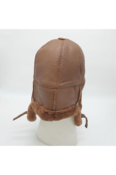 Sanalbolluk Pilot Model Camel Color Leather Hat with Fur Inside