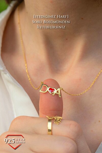 JEMIRA Kadın Çift Harfli Kırmızı Kalpli Taş Kolye Kişiye Özel 925 Ayar Gümüş ...