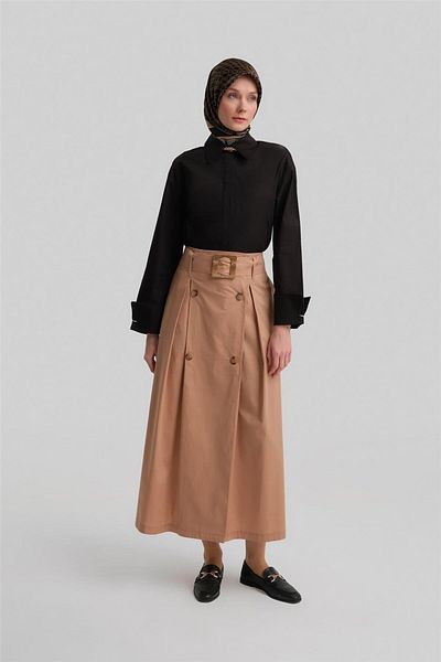 Armine Camel Cotton Skirt - Double Button, 24Y1601 Model