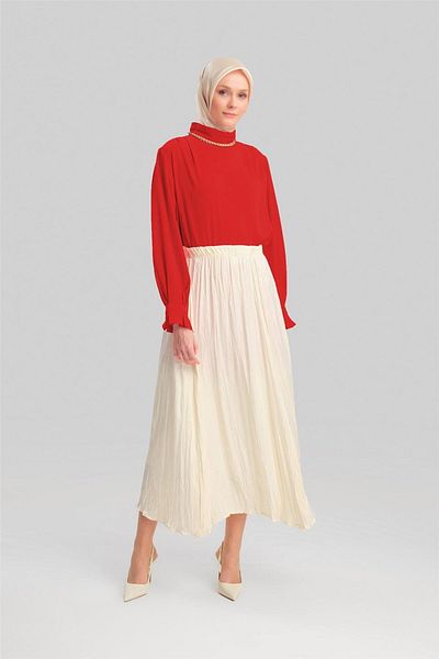 Armine Ecru Colored Crease Look Pleated Skirt - 24Yd5601
