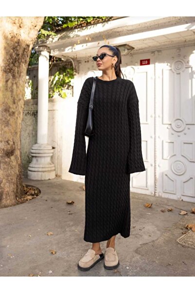 KNİTİCAL TEKSTİL KNİTİCAL  DRESS Bisiklet Yaka Örgü Desen Uzun Triko Elbise