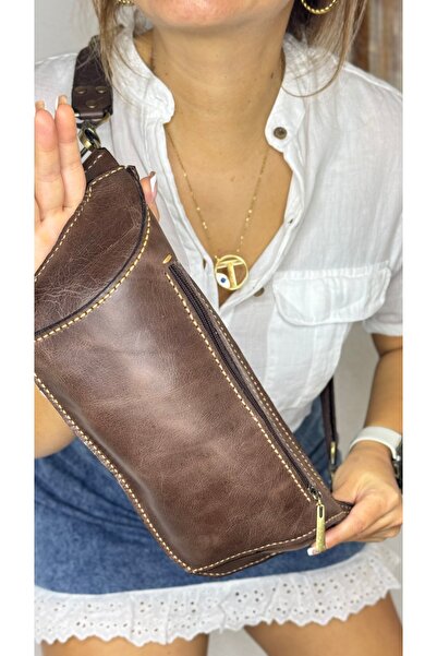 Tuvita Collection Bodrum %100 Hakiki Deri El Yapımı Kanvas Kemerli Kahverengi...