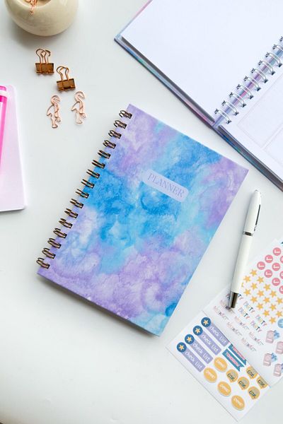 Martius Art A5 Hard Cover Spiral Boundless Planner Agenda with Motivational Pages and Stickers Lilac Blue Sky