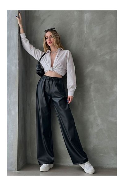 BEES JEANS Women's High Waist Black Leather Palazzo Pants