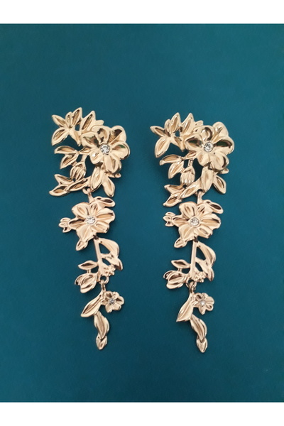 ER TAKI Taşlı Gold Renkli Büyük Gösterişli Çiçek Figürlü Nişan Kına Düğün Abiye Küpe