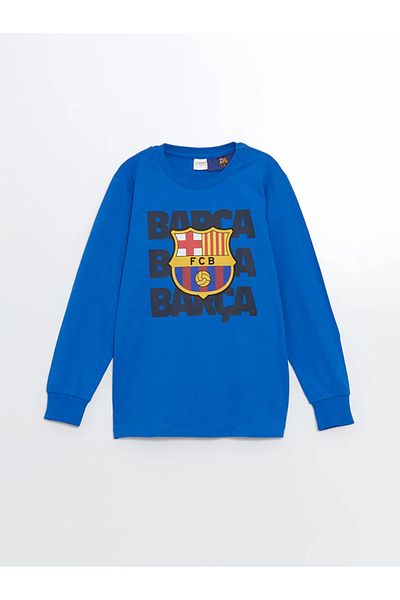 LC Waikiki Set de pijamale pentru băieți cu imprimeu Barcelona, ​​albastru, cu gâtul turn, LCW Kids
