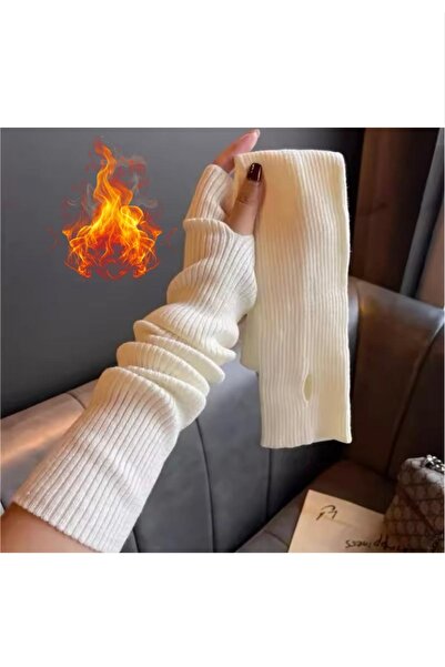 NAKISCHI Kadın Erkek Isıtıcı Eldiven Kolluk  Beyaz 45 Cm Likrali Esnek 2025 Yeni Moda