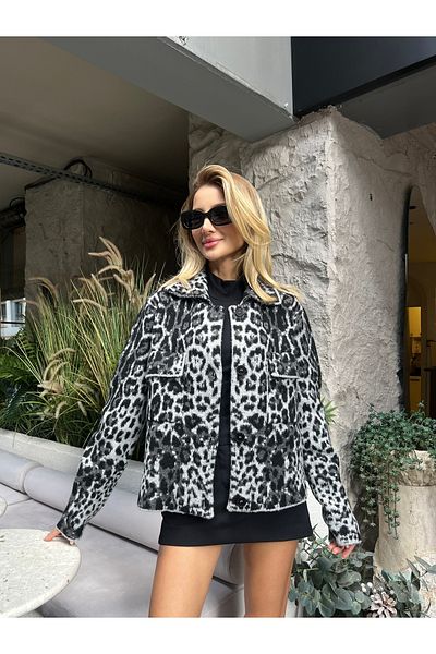 B2K FASHION Leopard Print Pocket Jacket Collar Women's Cardigan