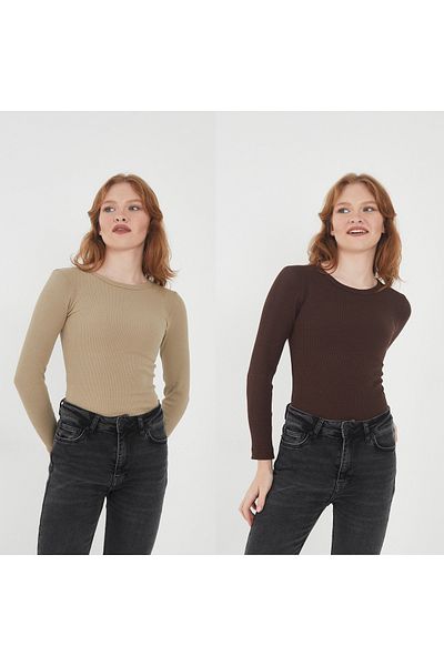Wearflawless Дамски комплект блуза с кръгла яка и дълги ръкави от 2 части от 100% памук