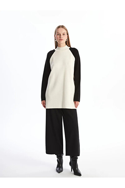 LC Waikiki Lcw Modest Ecru Stand Collar Color Block Women's Knitwear Tunic