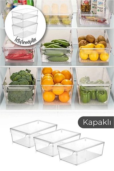 BOZHOUSE 3 Pieces Medium Size Fridge Organizer Storage Container Organizer Set with Lids Fruit and Vegetable Storage Container