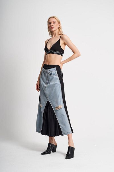 tw3 Fusta plisată cu detaliu din denim